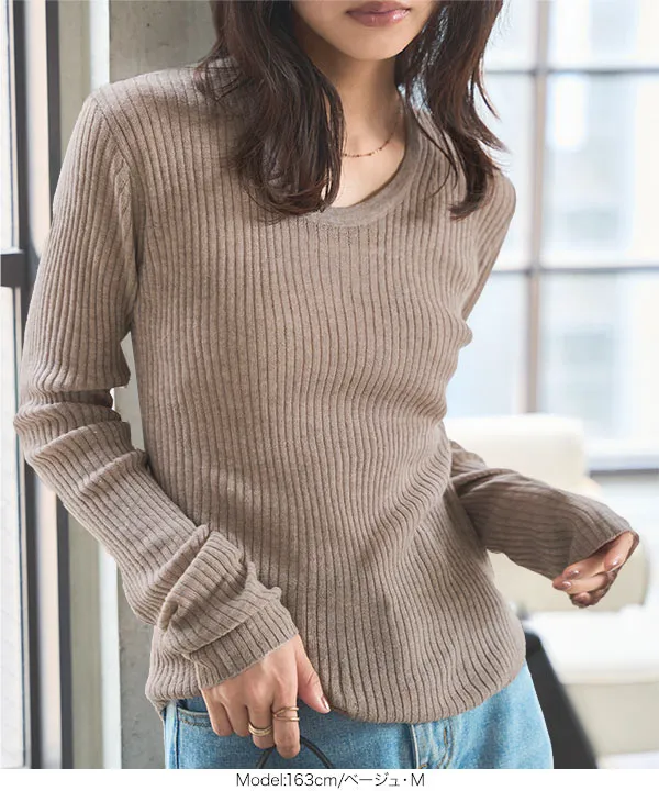 M L ]深Uネックシアーリブニットトップス [N1132] | SALE