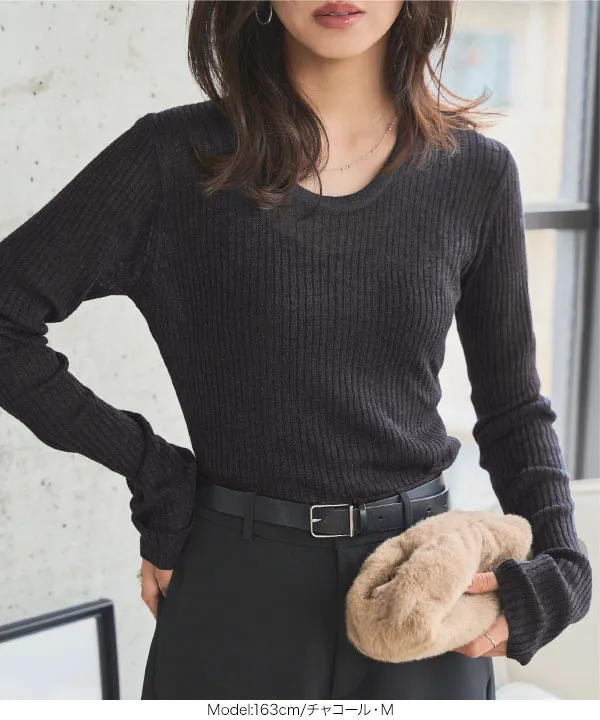 M L ]深Uネックシアーリブニットトップス [N1132] | SALE