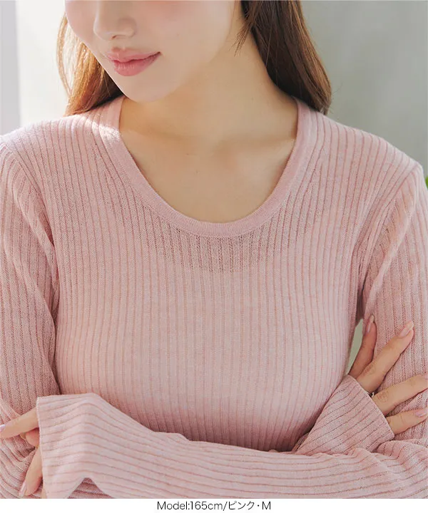 M L ]深Uネックシアーリブニットトップス [N1132] - レディース