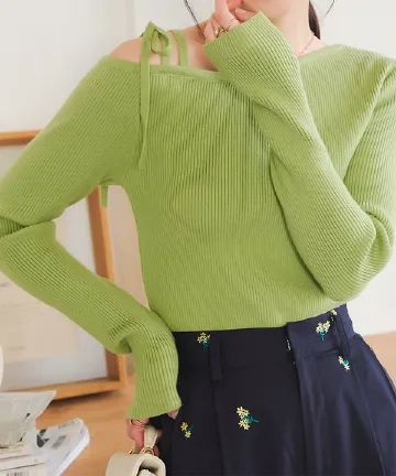 ワンショルダーストレッチリブニットトップス [N1174] 　| SALE！