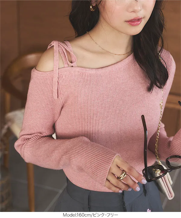 ワンショルダーリブチュニック ショルダーリボンボーダーチュニックワンピース / Shoulder