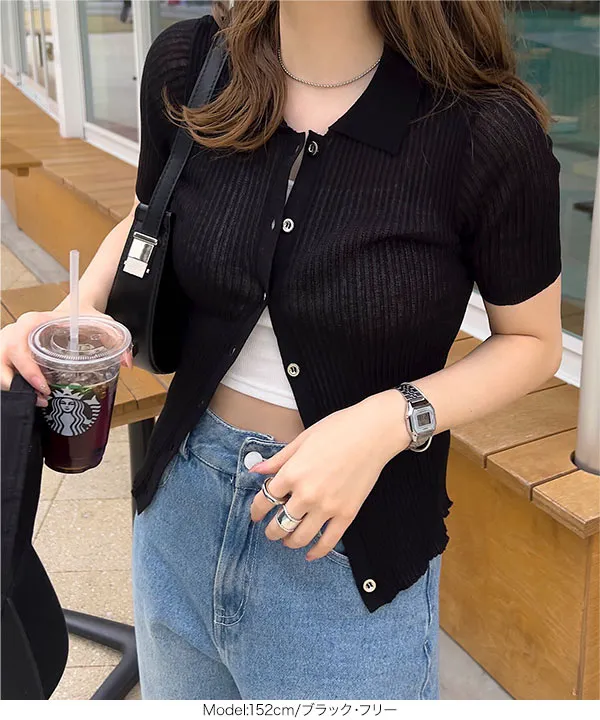 美品 YLEVE シアーリブニット ポロニット 黒 シアーリブニットポロカーディガン [N1175] - レディースファッション