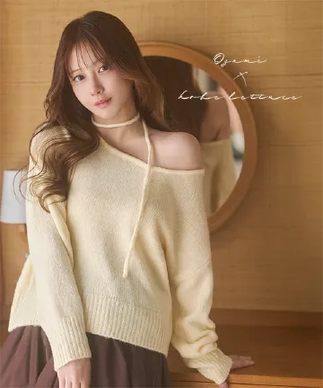 [ 小澤美里さんコラボ ]チョーカーリボンワンショルダーニットトップス [N1188]