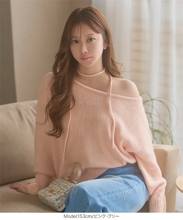 小澤美里さんコラボ ]チョーカーリボンワンショルダーニットトップス