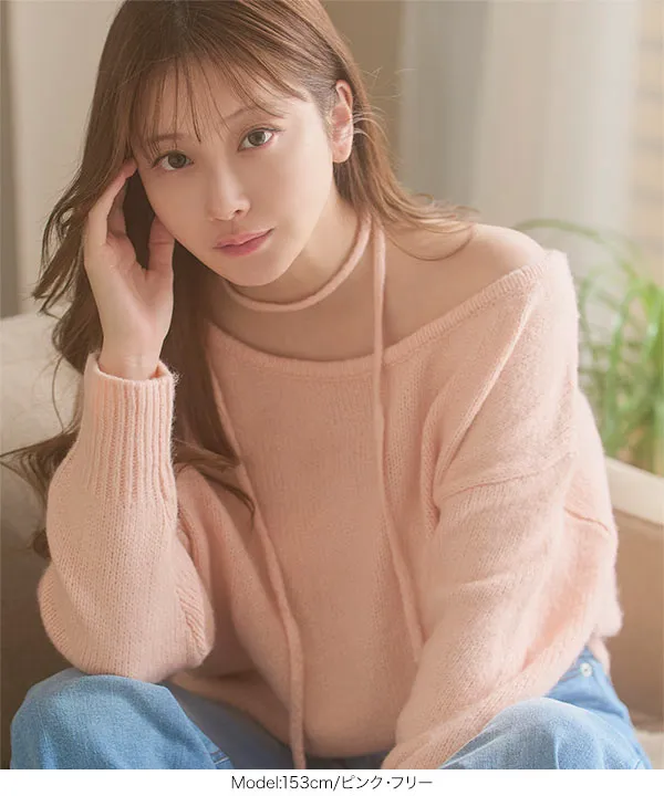 小澤美里さんコラボ ]チョーカーリボンワンショルダーニットトップス