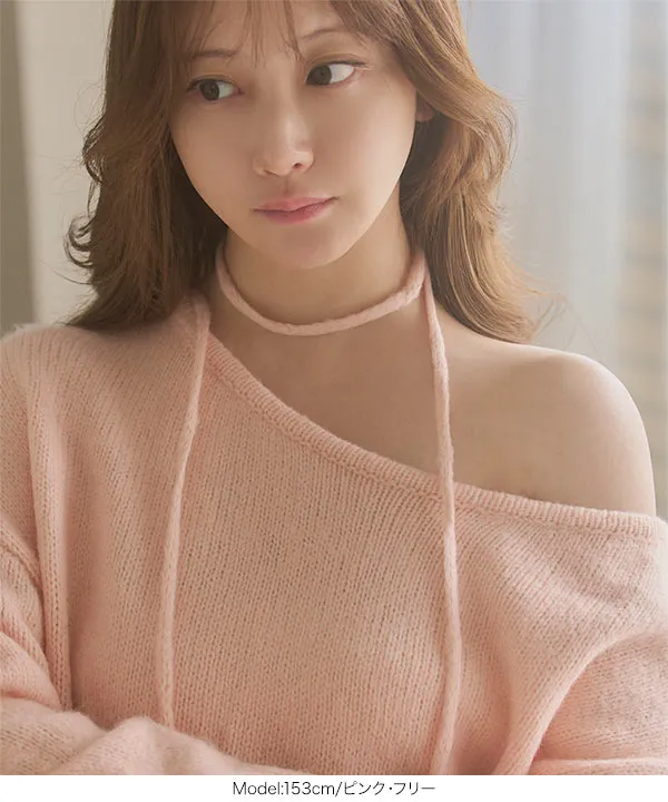小澤美里さんコラボ ]チョーカーリボンワンショルダーニットトップス