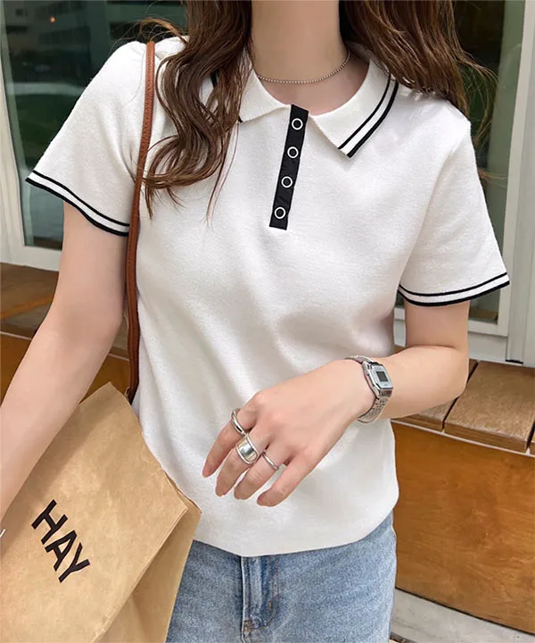 スナップボタンポロニットトップス [N1193] - レディースファッション