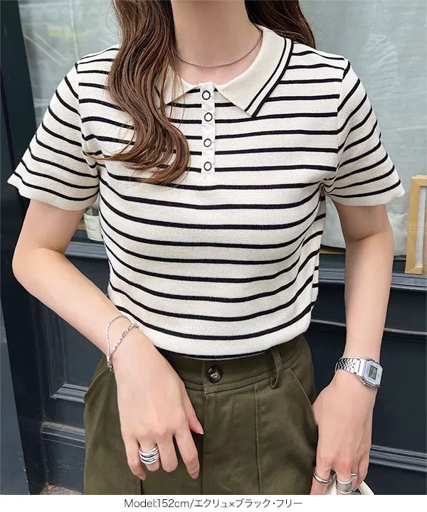 スナップボタンポロニットトップス [N1193] - レディースファッション