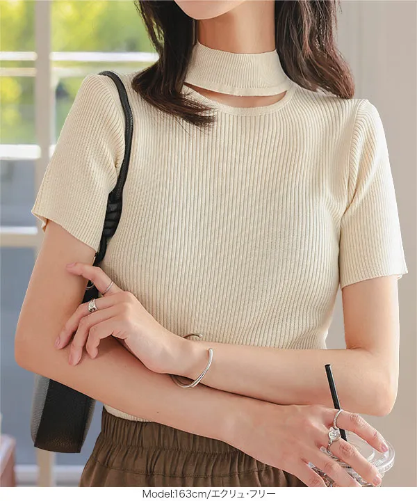 ネペンテス　モックネック　半袖　リブ　L 超美品 ネックカットモックネック半袖ニットトップス [N1194