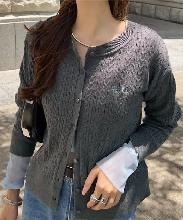 シアースリーブロゴ刺繍ケーブルニットカーディガン [N1205