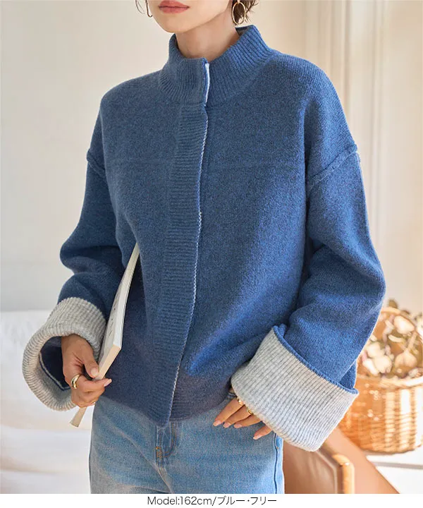 袖バイカラーニットジャケット [N1207] - レディースファッション通販
