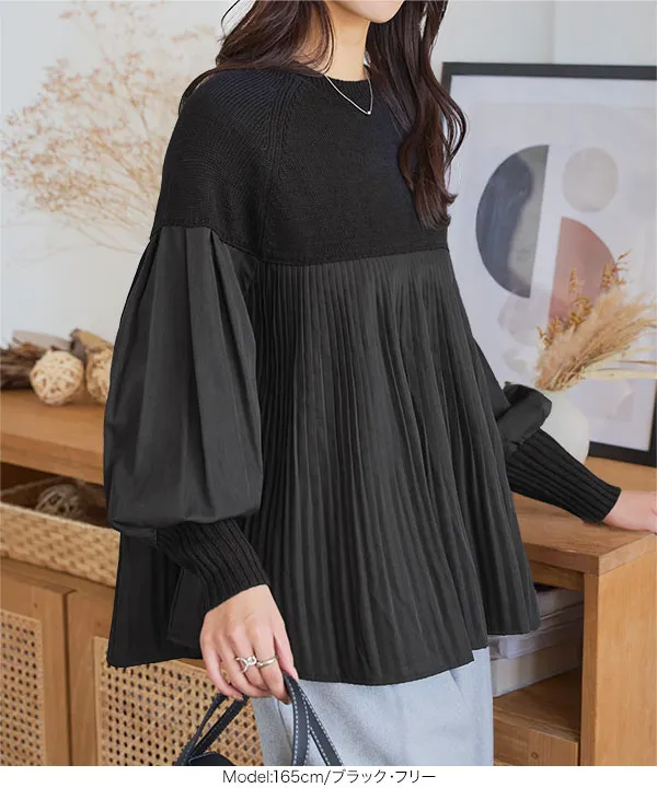 布帛プリーツドッキング丸首ニットプルオーバー [N1216] - レディース