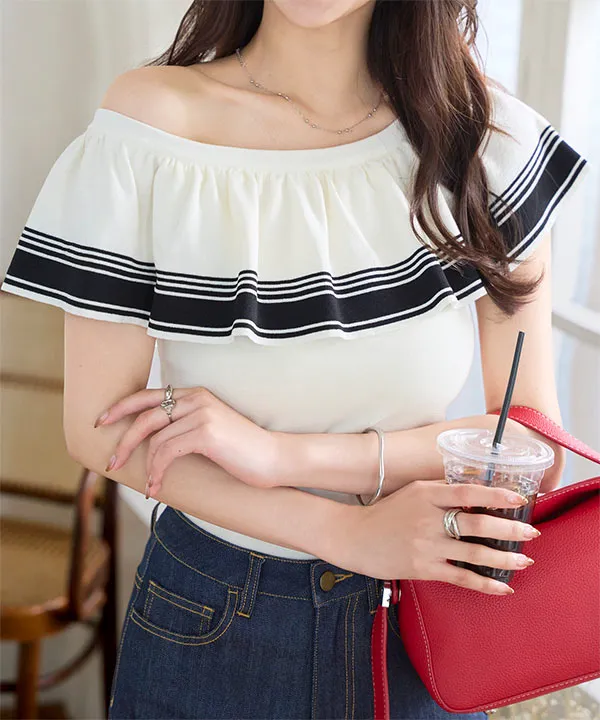 ケープカラーオフショルサマーニットトップス [N1222] - レディース