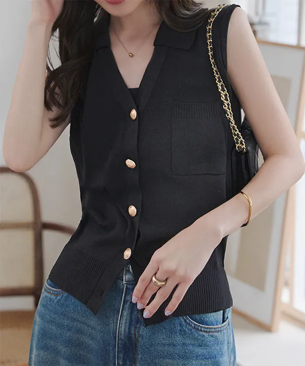 ゴールドボタンVネックニットベストトップス [N1224] - レディース