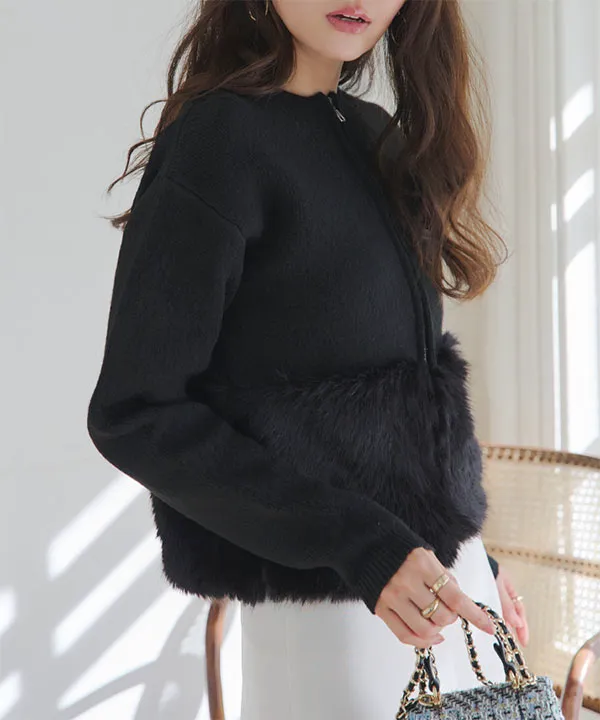 ファー切り替えニットカーディガン [N1230] - レディースファッション