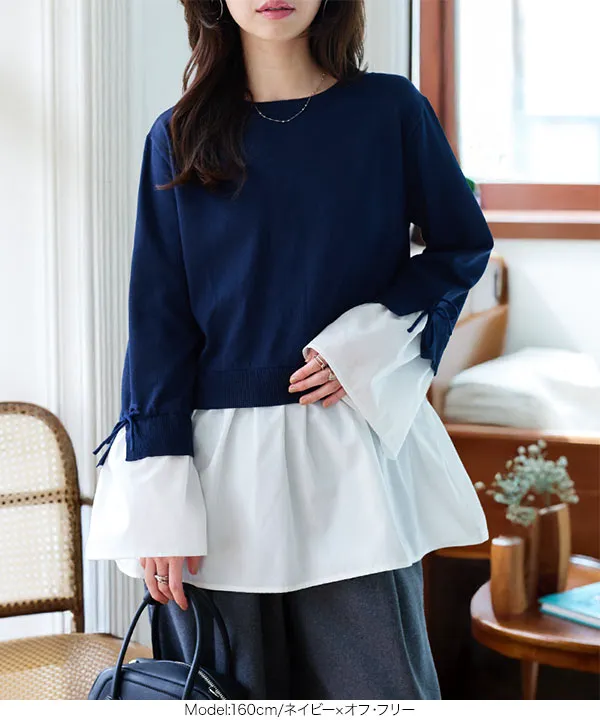 【新品】モチーフ袖スリットトップス 紺×白 新品】モチーフ袖スリットトップス 紺×白