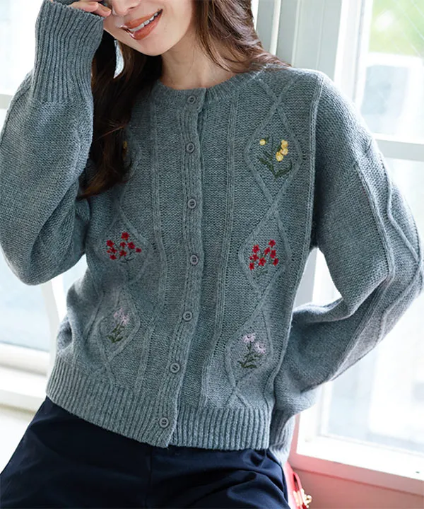 刺繍ケーブルニットカーディガン [N1236] - レディースファッション