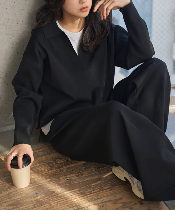 スポンディッシュニットスキッパートップス×ワイドパンツセットアップ