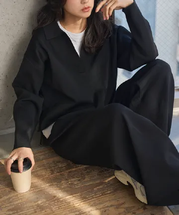 スポンディッシュニットスキッパートップス×ワイドパンツセットアップ