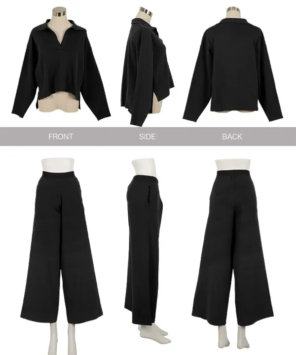 スポンディッシュニットスキッパートップス×ワイドパンツセットアップ