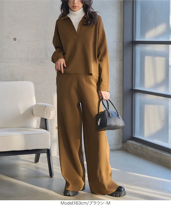 スポンディッシュニットスキッパートップス×ワイドパンツセットアップ