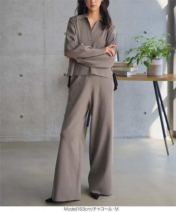 スポンディッシュニットスキッパートップス×ワイドパンツセットアップ