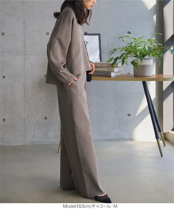 スポンディッシュニットスキッパートップス×ワイドパンツセットアップ [N1237]