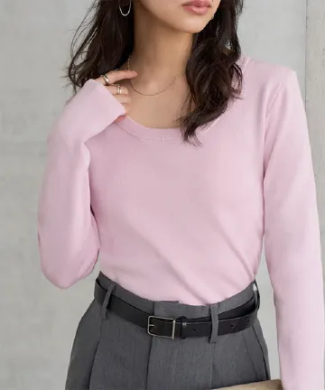 Uネックシンプル長袖ニットトップス [N1241] | 今だけ送料無料！