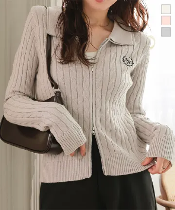 襟付きケーブルダブルジップニット [N1267]