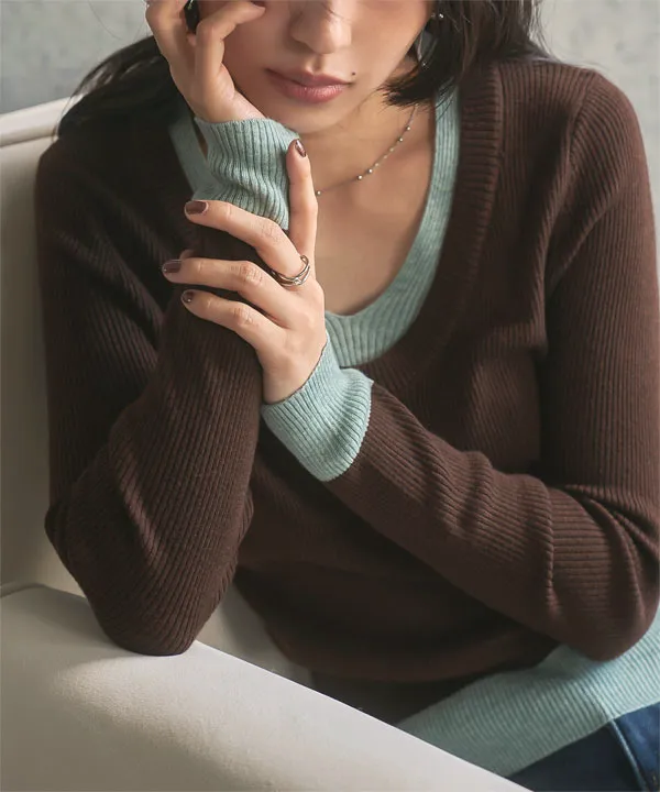 バイカラー深Uネックニット [N1274] - レディースファッション通販