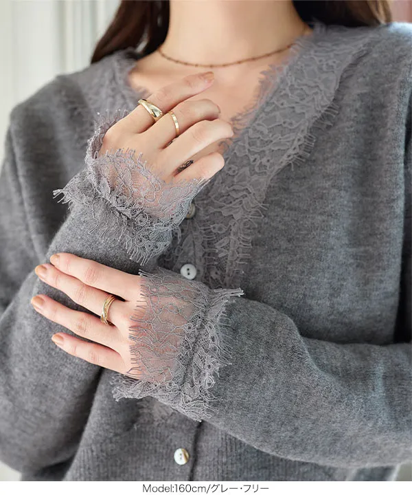 試着のみ⭐︎René カーディガン 34 トップス　グレー Vネックレースニットカーディガン [N1278] - レディースファッション