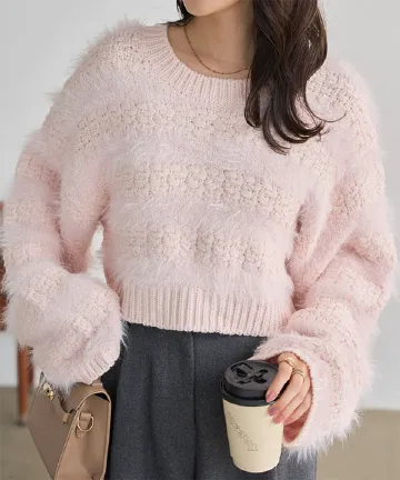 フェザーボーダーショートニットトップス [N1282]| SALE！