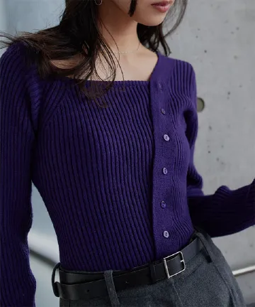 アシメネックボタンデザインリブニットトップス [N1284]