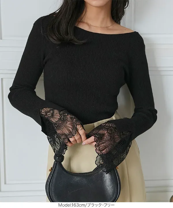 袖口レースリブニットトップス [N1287] 