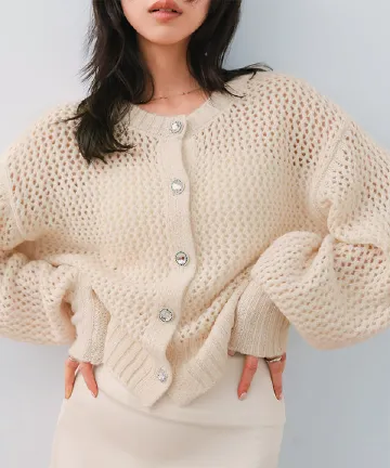 すかし編みビジューボタンカーディガン [N1288]| SALE！