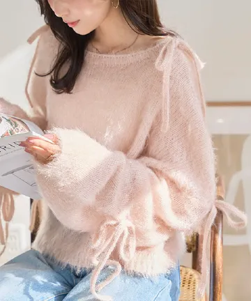 キャットヤーン袖リボンラメシアーニット [N1289]