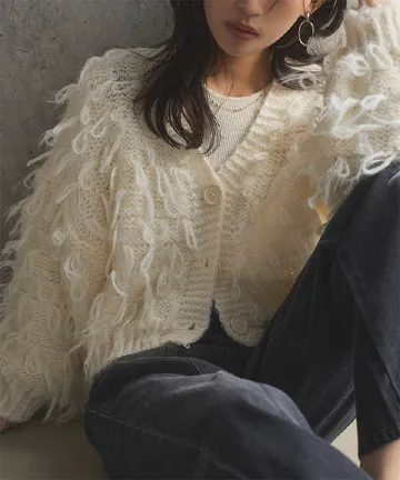 ループ編みフェザーニットカーディガン [N1293]