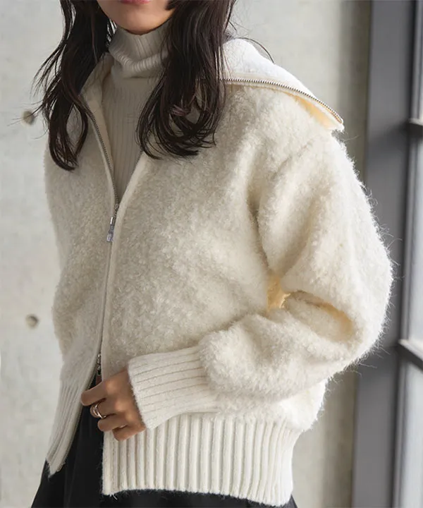 ワイドカラージップボアニットブルゾン [N1300] - レディース