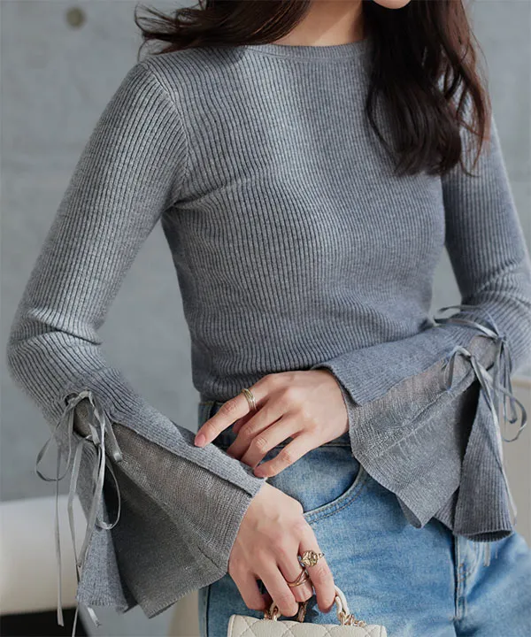 リボンデザインフレアスリーブリブニット [N1301] - レディース