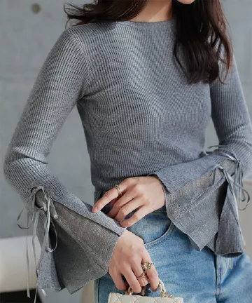 リボンデザインフレアスリーブリブニット [N1301]
