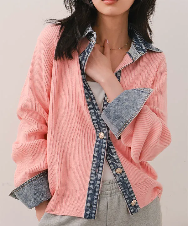 デニム襟リブニットカーディガン [N1311] - レディースファッション