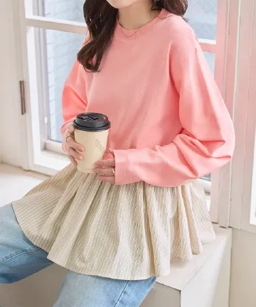 ストライプシャツ切替スポンディッシュペプラムニット [N1317]