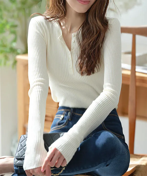 ヘンリーネックリブニットトップス [N1321]| 送料無料 2/17(火)12:00~2