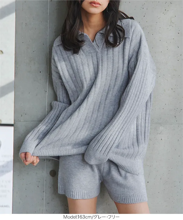 スキッパーニット×ショートパンツセット [N1338] - レディース