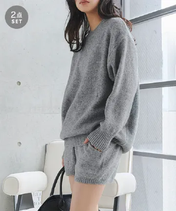 クルーネックニット×ショートパンツセット [N1340] - レディース
