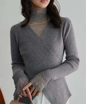 レースレイヤードカシュクールニットトップス [N1341]