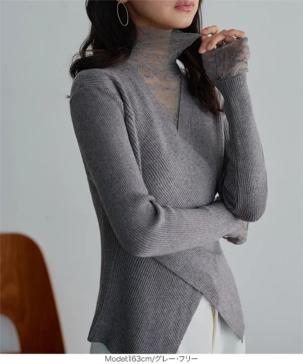 レースレイヤードカシュクールニットトップス [N1341] - レディース