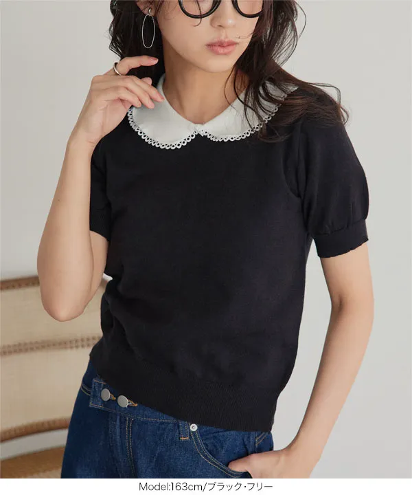 TO BE CHIC44黒のビーズ装飾付き半袖ニット ピコレース半袖ニットトップス [N1344] - レディースファッション通販