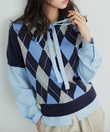 アーガイル半袖ニットトップス [N1345] | 送料無料 4/5(日)12:00~4/6(月)朝12:00まで