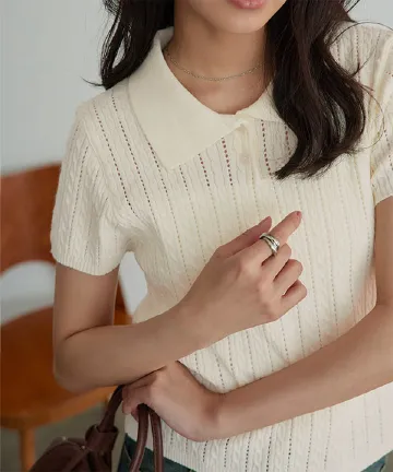 アイレットケーブルニットポロトップス [N1346]| 送料無料 4/9(木)12:00~4/10(金)12:00まで